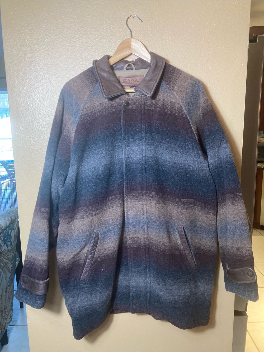 Brooks Brothers Striped Western Style Wool Blend Coat in Navy and Brown